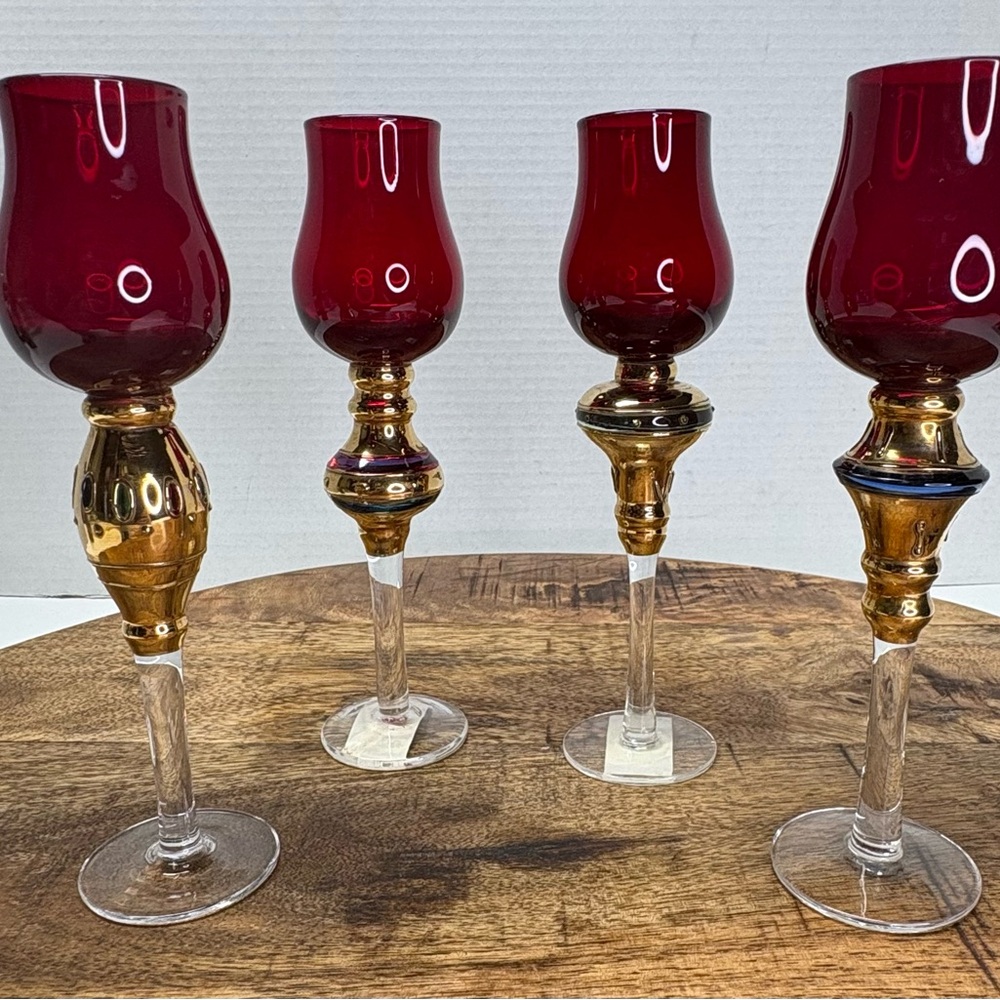 4 Vtg Bombay Company Romanov Ruby Gold Long Stem Cordial Glasses 7"
